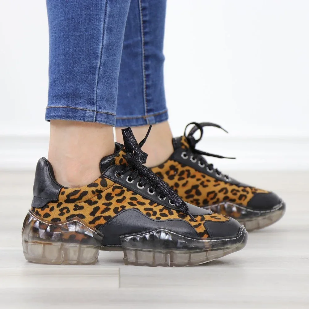 Animal Leopard Print Women's Fashion Chunky Heel Sneakers Shoes - Picture 3 of 15